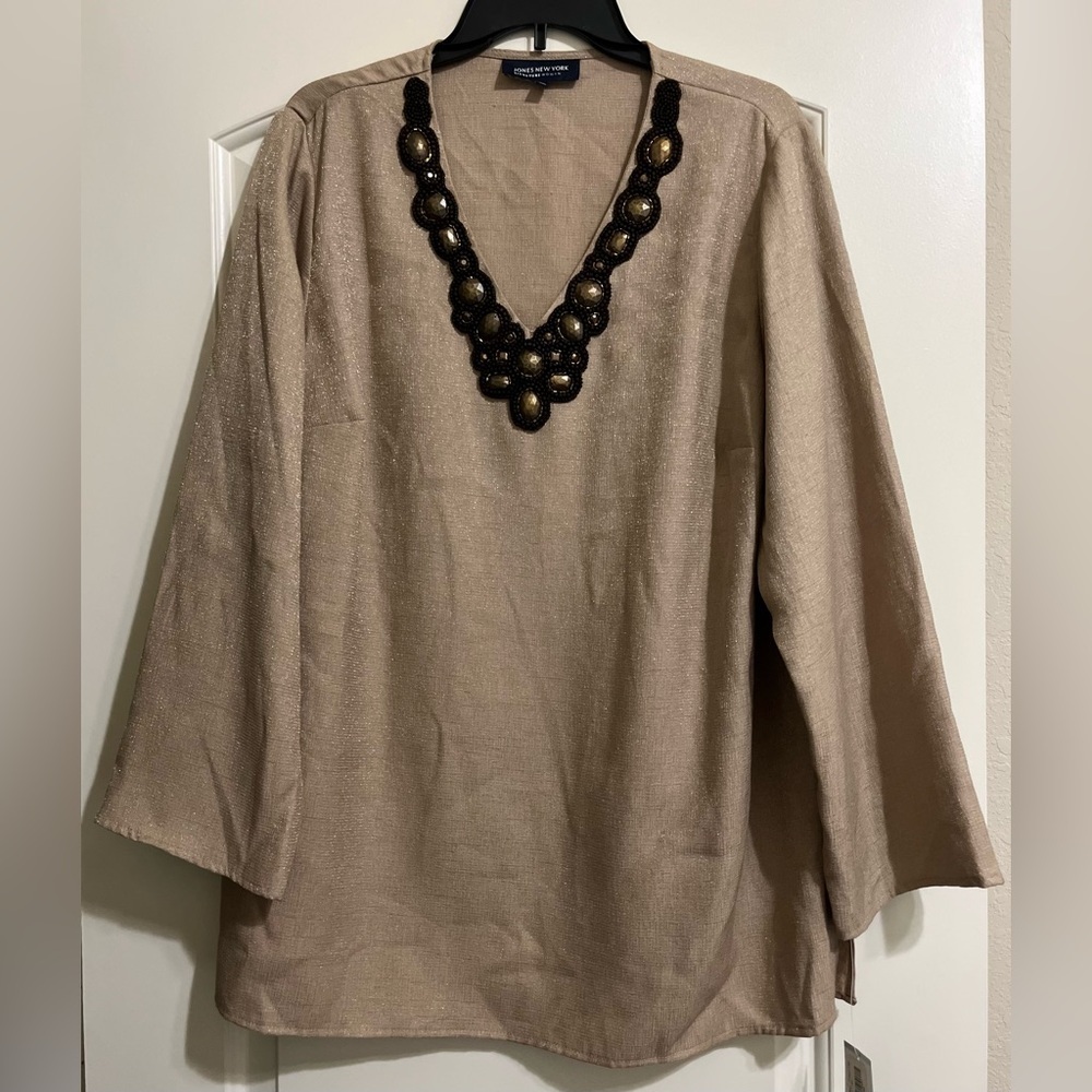 Jones New York Taupe Beaded V-Neck Blouse